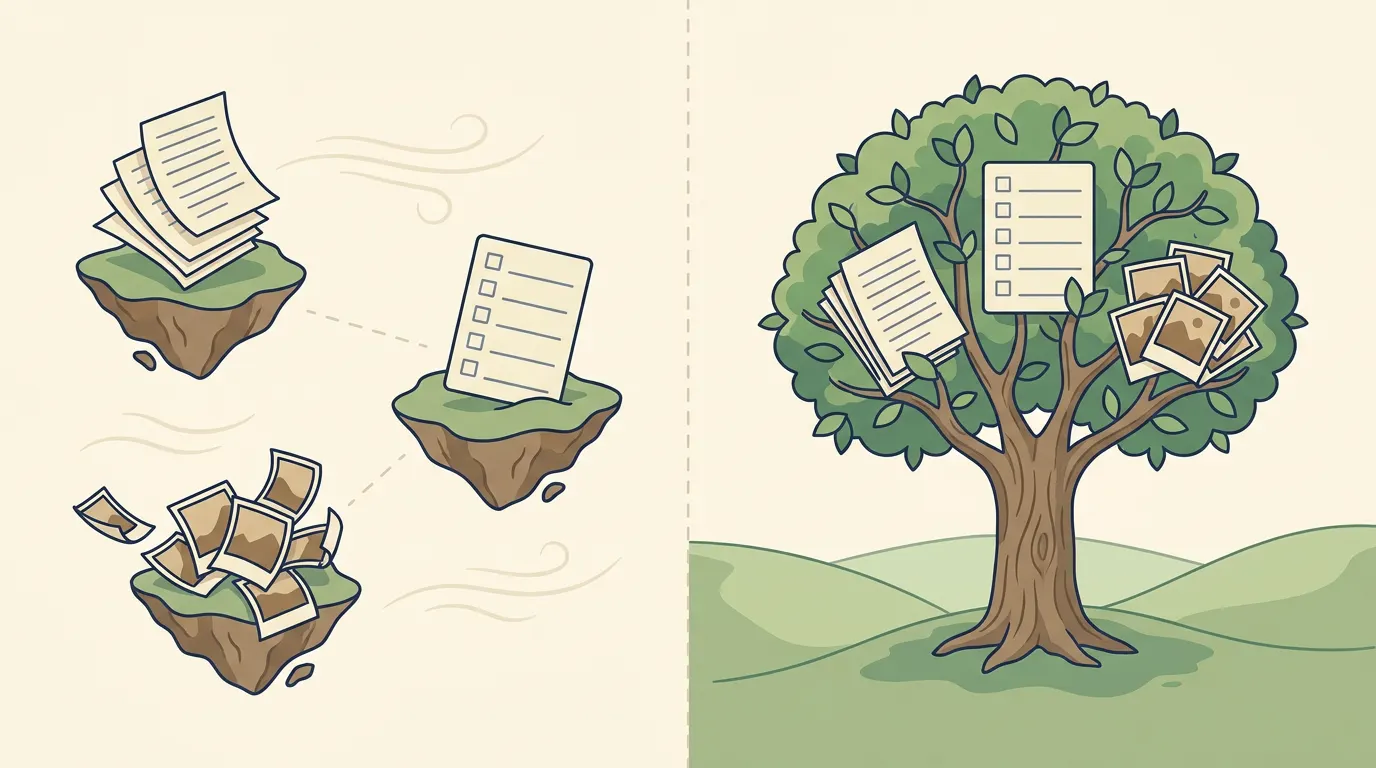 Split illustration: on the left, papers, a checklist, and photos sit on three separate drifting islands; on the right, the same items hang together on one tree.