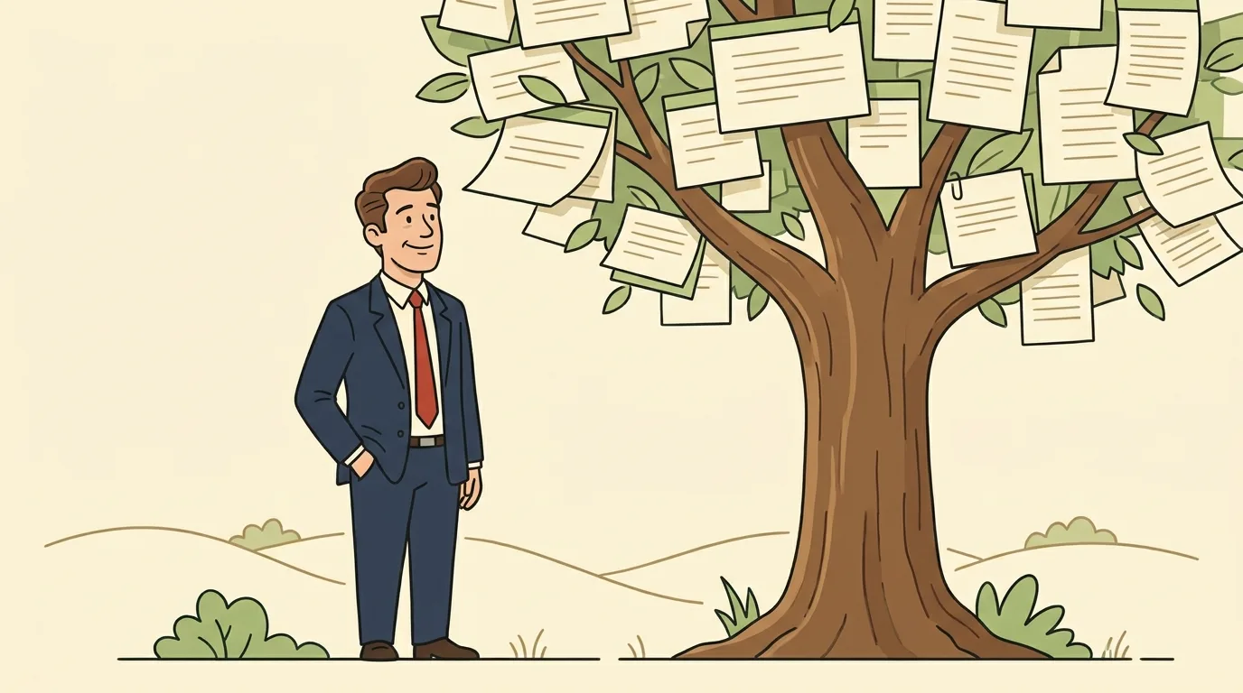 TreeNotes-Figur neben einem stilisierten Baum aus verbundenen Notizästen.