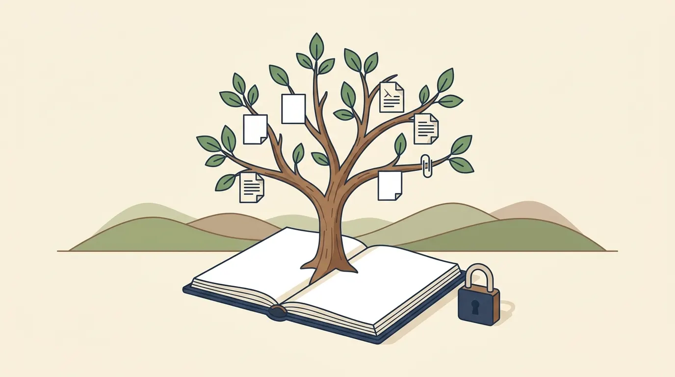 Stilisierter Baum, der aus einem offenen Notizbuch wächst, mit verbundenen Dokumenten und einem dezenten Vorhängeschloss.
