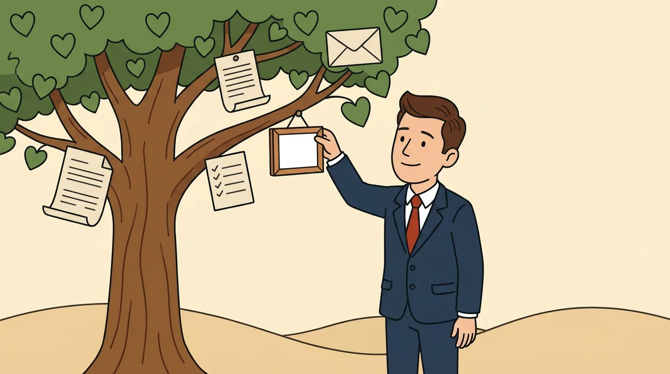 Illustration eines Mannes in dunkelblauem Anzug mit roter Krawatte, der einen Bilderrahmen an einen grünen Baum hängt, an dessen Ästen bereits ein Dokument, eine Checklistenkarte und ein Briefumschlag hängen.